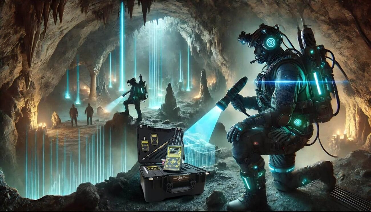 High-tech cave exploration with advanced cave detectors scanning underground chambers, revealing ancient artifacts, mineral deposits, and hidden treasures. Cutting-edge technology in action for archaeologists, geologists, and treasure hunters.